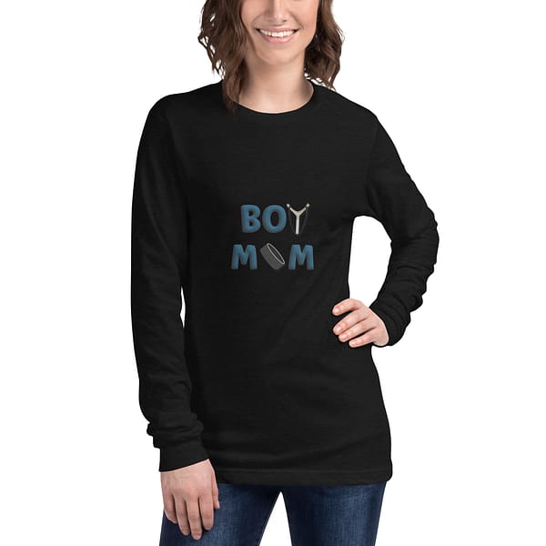 "Boy Mom" w/ Hokey Puck Unisex Long Sleeve Tee - Image 2